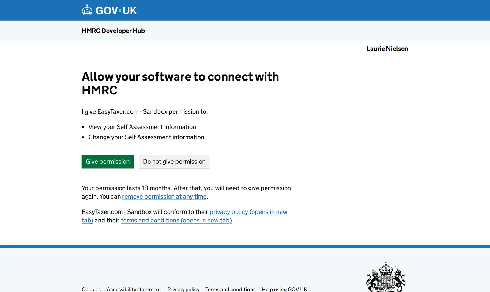 HMRC's own GOV.UK authorise screen: "Allow your software to connect with HMRC" — you give EasyTaxer permission to view and change your Self Assessment information.